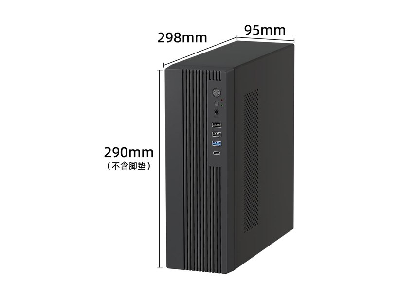 vD-X1 信创国产化终端，290×298×95mm 立式机箱，支持 M-ATX / ITX 国产主板